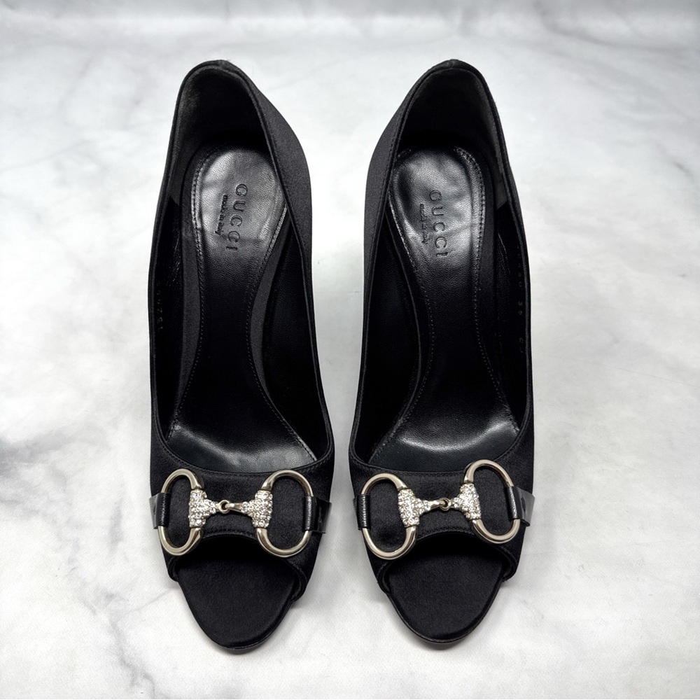 GUCCI Silk Satin Horsebit Swarovski Crystal Embellished Open Toe Pump Heel Black - Picture 2 of 15
